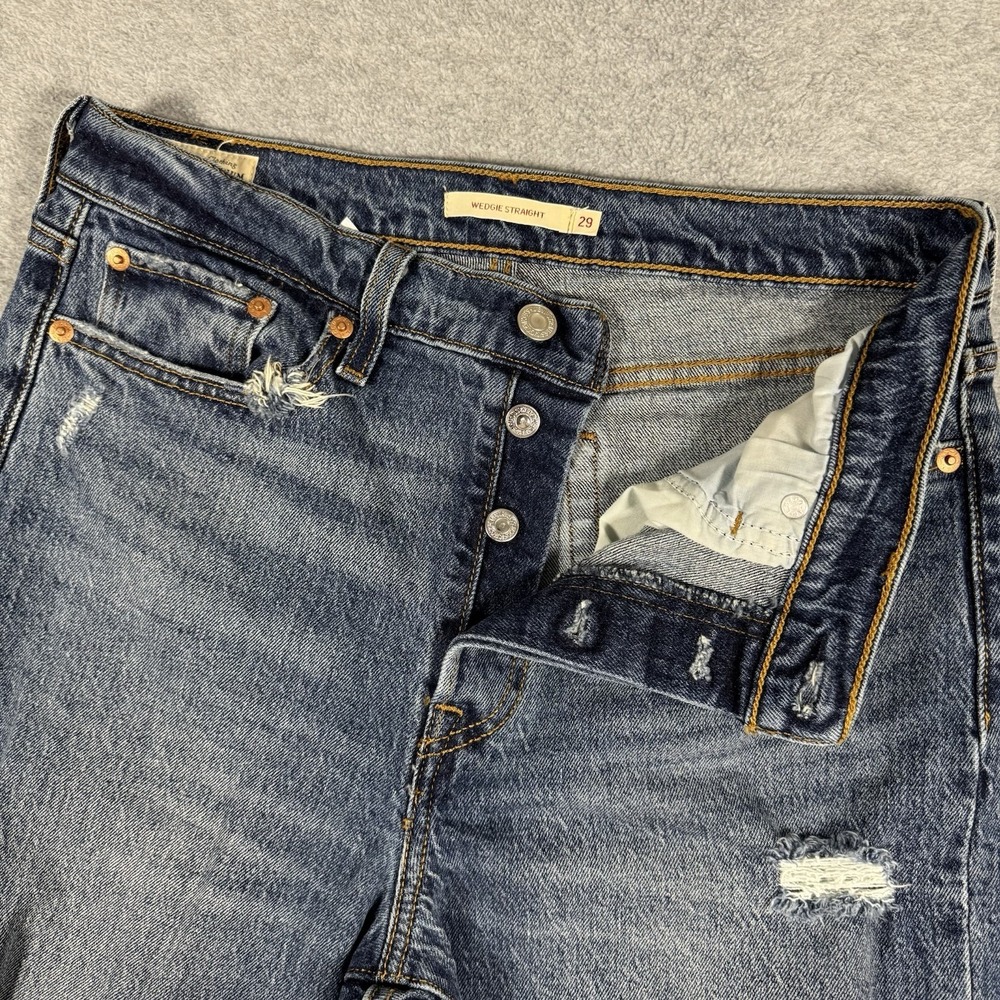 Levi's Premium Wedgie Straight Jeans Women's 29x28 Blue Distressed Button Fly